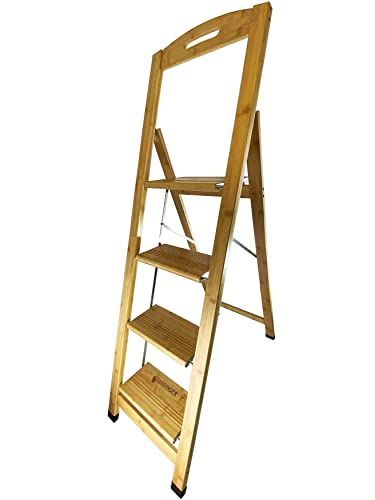 GARDINGER Haushaltsleiter Bambus 4 Stufen Massivholz (Holzleiter Trittleiter Sicherheitsleiter Klapptritt) von GARDINGER