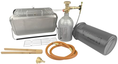 GARDINGER BBQ 42 mobiler Koffergrill aus Edelstahl für Gaskartuschen Holzkohle | Klappbarer Camping-Grill für Picknick Outdoor mit Grillzange | 31x20x7 cm + Profill Set Propanflasche 0,5kg von GARDINGER