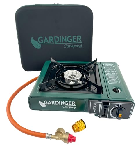 GARDINGER einflammiger universal-Kartuschen Kocher Camp Allgas mit Piezozündung + Adapter-Schlauch + hochwertiger Koffer von GARDINGER