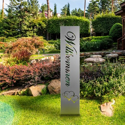 GARDIVO Gartendeko Willkommensschild für Außenbereich 115cm 3 Farben Verschiedene Muster in den Boden stecken Schild Metall Rost Anthrazit mehr (Edelstahl, Modern) von gardivo