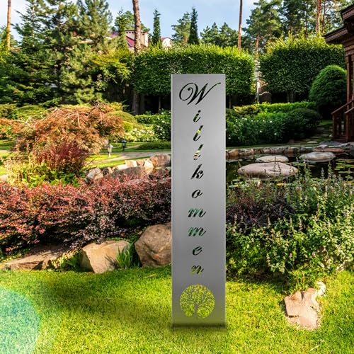 GARDIVO Gartendeko Willkommensschild für Außenbereich 115cm 3 Farben Verschiedene Muster in den Boden stecken Schild Metall Rost Anthrazit mehr (Edelstahl, Natürlich) von GARDIVO