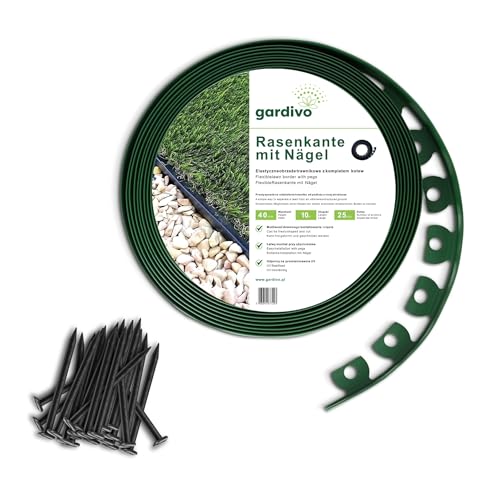 GARDIVO Rasenkante Flexible Kunststoff | 10m Lang 4cm Hoch | 25 Befestigungsnägel (Grün) von GARDIVO