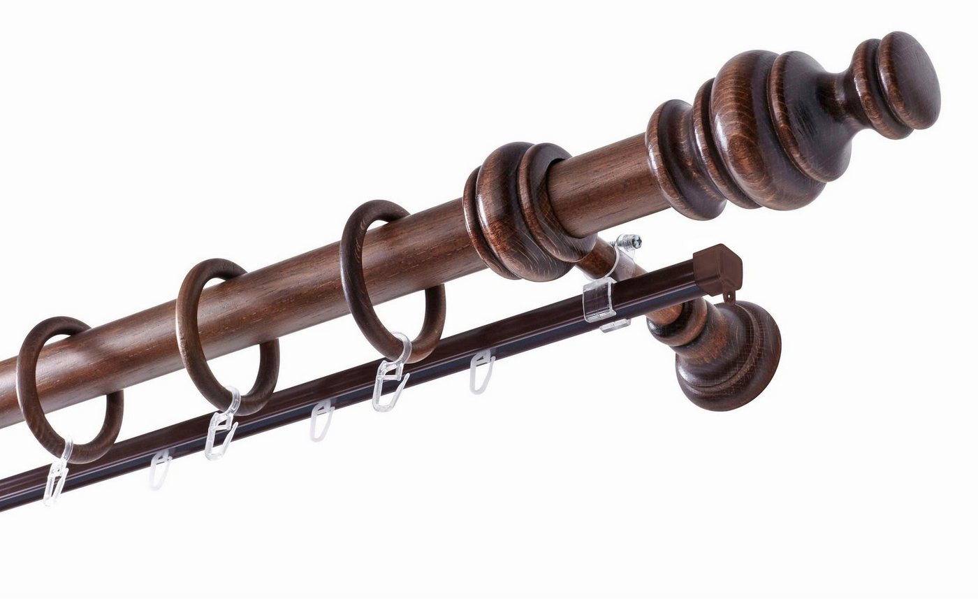 Gardinenstange BAROCK, GARESA, Ø 35 mm, 2-läufig, Wunschmaßlänge, rustikale Vorhanggarnitur Holz, verlängerbar, mit Ringe/2 Lauf Gleiter von GARESA