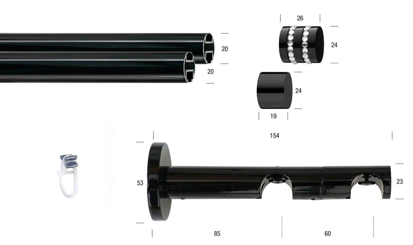 Gardinenstange BLACK, GARESA, Ø 20 mm, 2-läufig, Wunschmaßlänge, verschraubt, Eisen, Vorhanggarnitur, Innenlauf, verlängerbar, Endknopf mit Glitzersteinen von GARESA