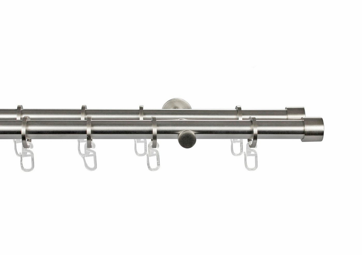Gardinenstange CHAPEAU, GARESA, Ø 20 mm, 2-läufig, Wunschmaßlänge, verschraubt, Vorhanggarnitur, mit Ringe und Haken, verlängerbar, edelstahl optik von GARESA