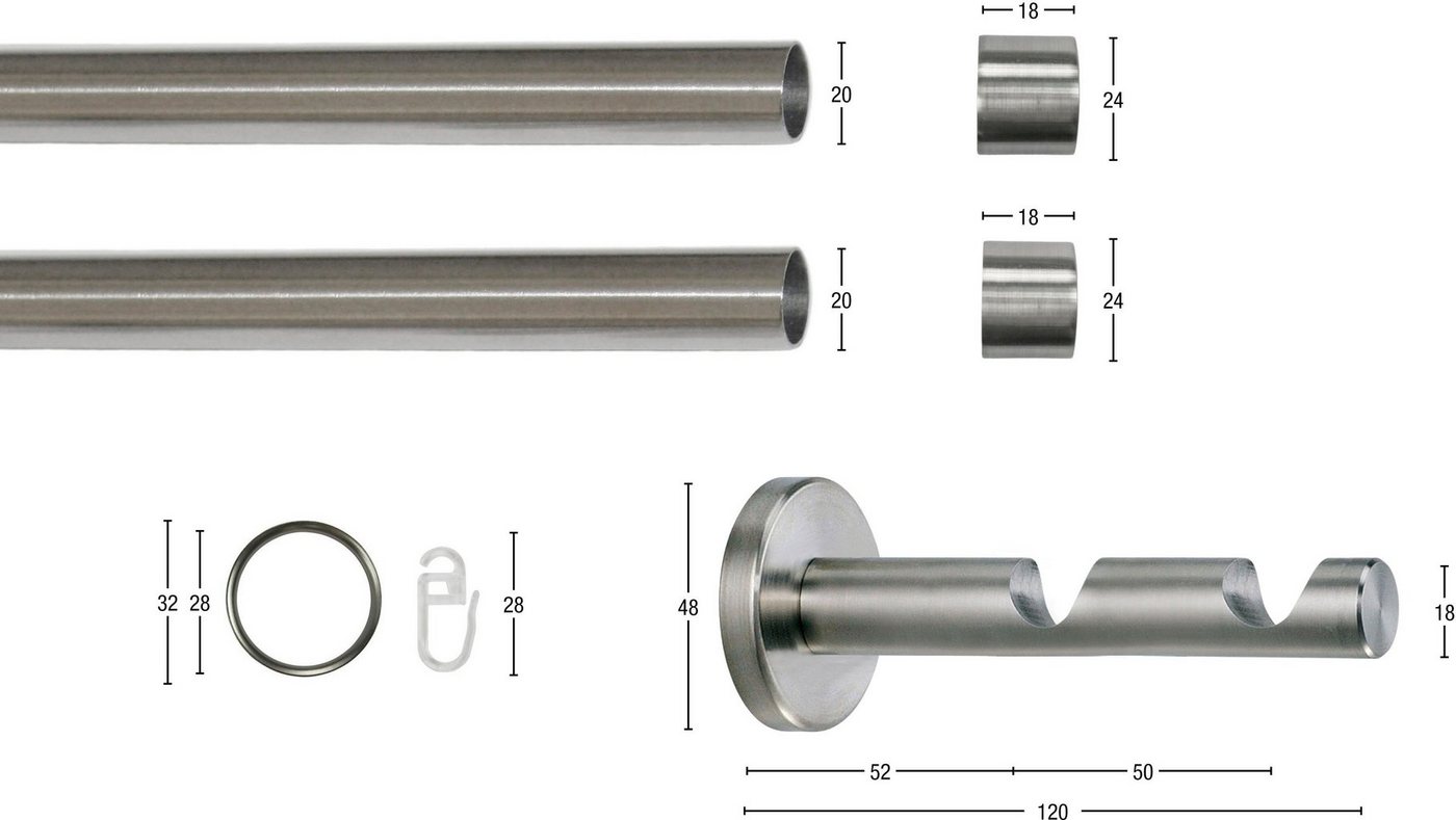 Gardinenstange CHAPEAU, GARESA, Ø 20 mm, 2-läufig, Wunschmaßlänge, verschraubt, Vorhanggarnitur, mit Ringe und Haken, verlängerbar, edelstahl optik von GARESA