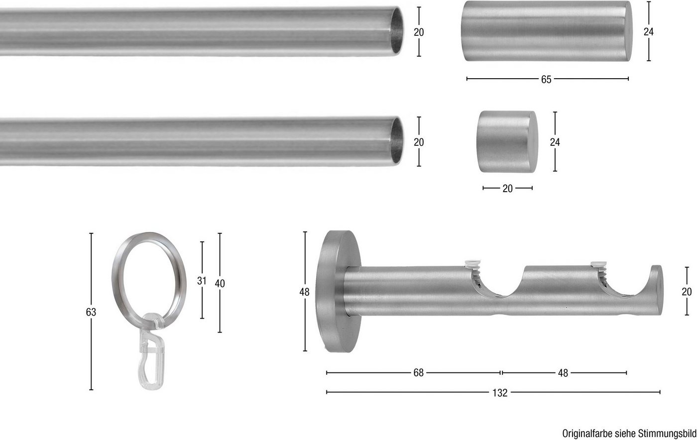 Gardinenstange EASY, GARESA, Ø 20 mm, 2-läufig, Wunschmaßlänge, Vorhanggarnitur, verlängerbar, Wandmontage, Aluminium, mit Ringe von GARESA