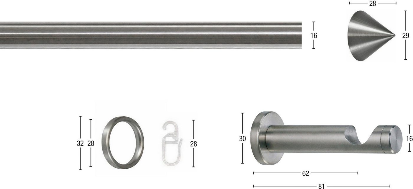 Gardinenstange ORION, GARESA, Ø 16 mm, 1-läufig, Wunschmaßlänge, verschraubt, Vorhanggarnitur, verlängerbar,Spitze, Edelstahl, m. Ringe und Haken von GARESA