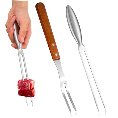 GARIOUANS 2 Stück Grillgabel Teilig mit Holzgriff und Edelstahlgriff und Stabile Bbq Fleischgabel mit Zwei Rostfrei Spitz Zulaufend zum Grillen Braten und Servieren von GARIOUANS