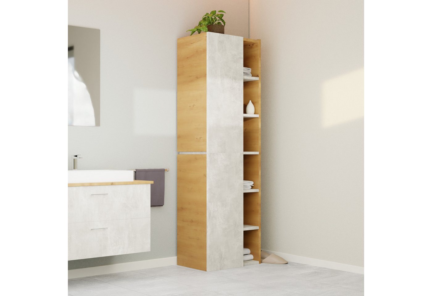 GARLIVO Badezimmer-Set Badezimmerschrank GLC1, hängend, stehend, Beton, Hochschrank, Breite 50cm von GARLIVO