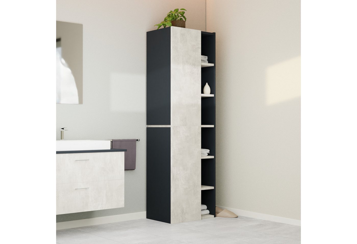 GARLIVO Badezimmer-Set Badezimmerschrank GLC1, hängend, stehend, Beton, Hochschrank, Breite 50cm von GARLIVO