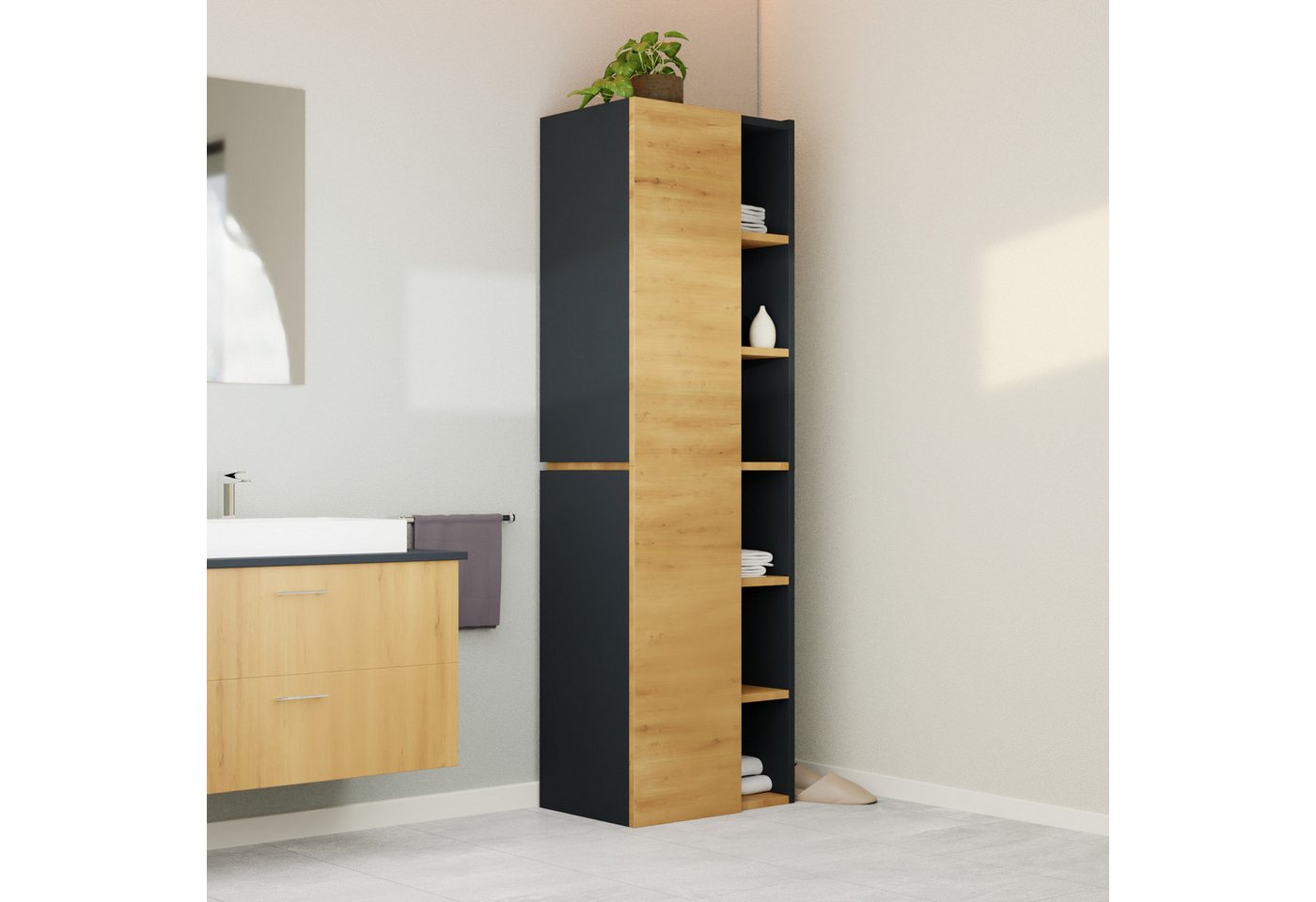 GARLIVO Badezimmer-Set Badezimmerschrank GLC1, hängend, stehend, Eiche, Hochschrank, Breite 50cm von GARLIVO