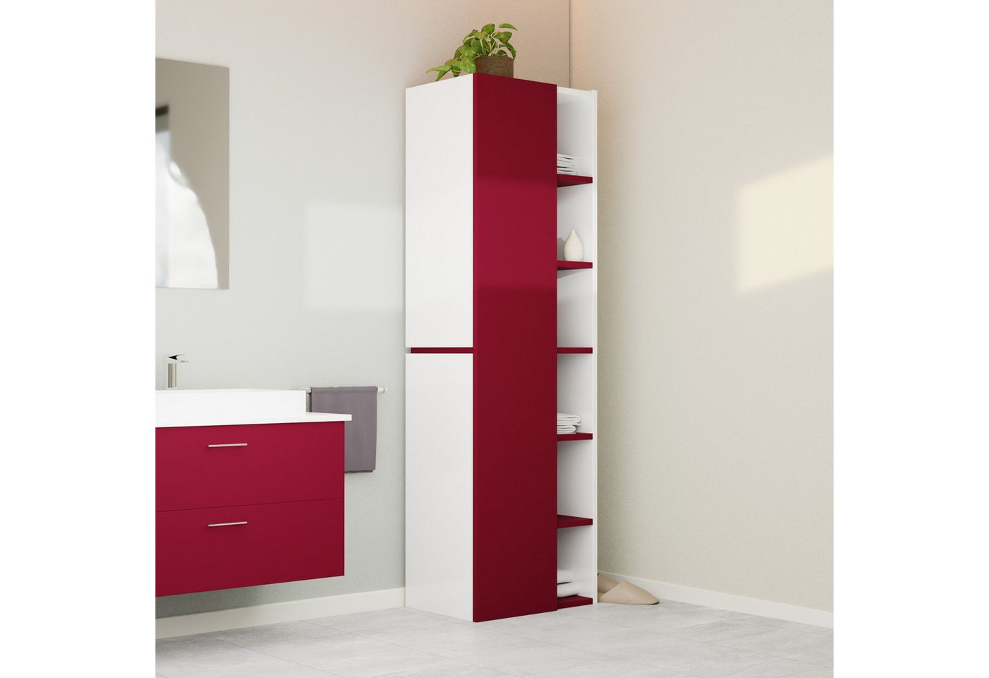 GARLIVO Badezimmer-Set Badezimmerschrank GLC1, hängend, stehend, Rot, Hochschrank, Breite 50cm von GARLIVO