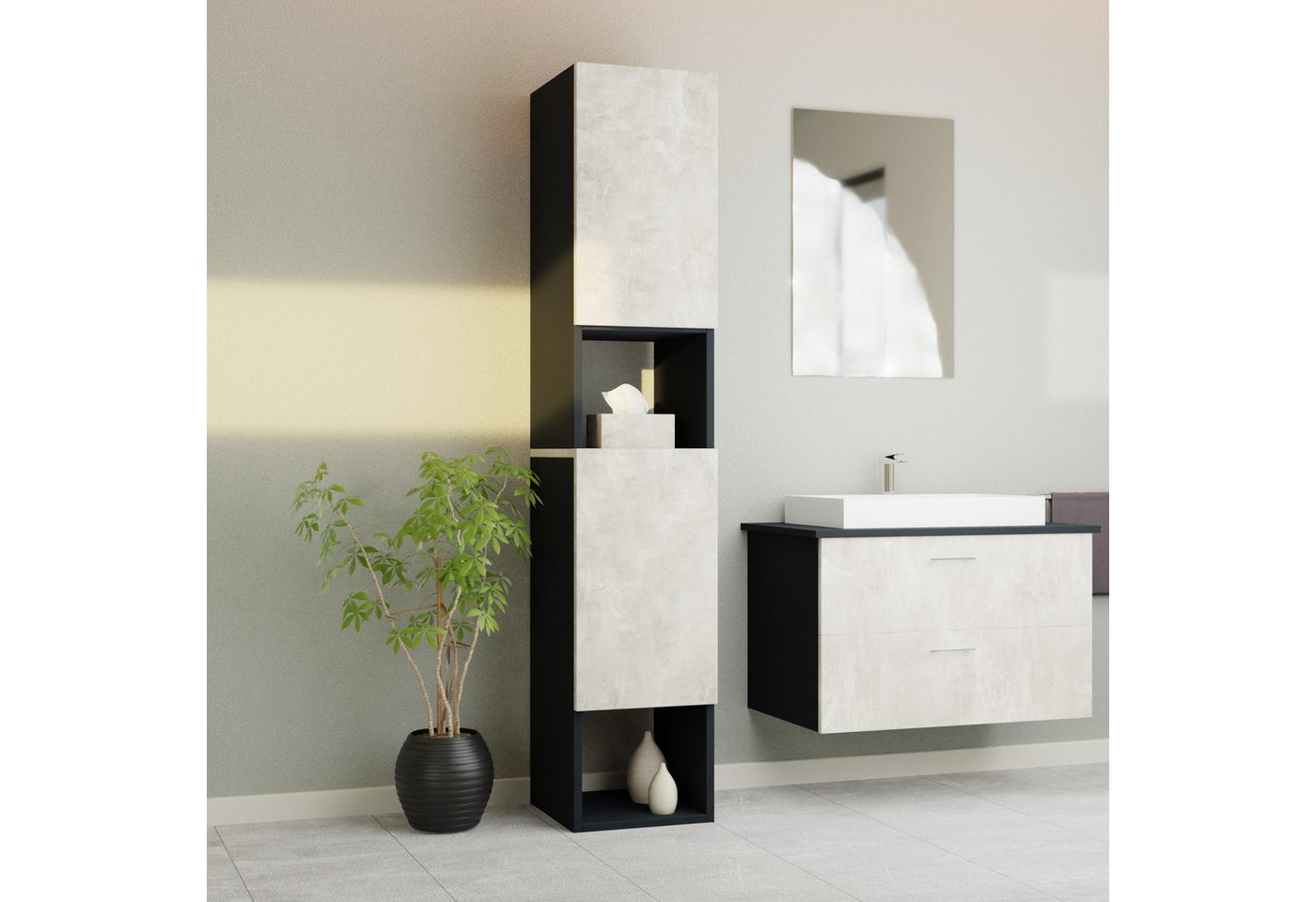 GARLIVO Badezimmer-Set Badezimmerschrank GLC2, hängend, stehend, Beton, Hochschrank, Breite 31,5 cm von GARLIVO