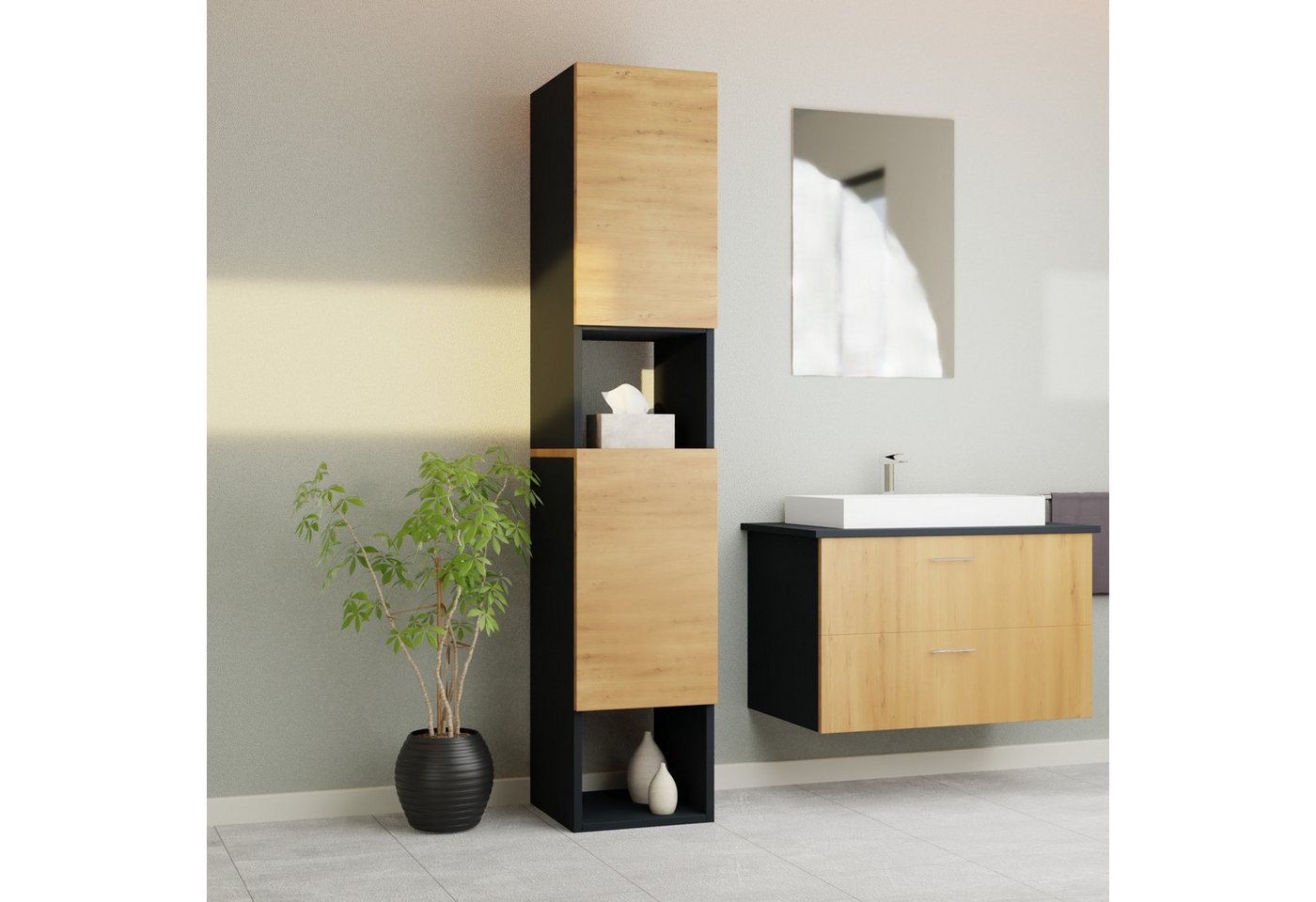 GARLIVO Badezimmer-Set Badezimmerschrank GLC2, hängend, stehend, Eiche, Breite 31,5 cm von GARLIVO