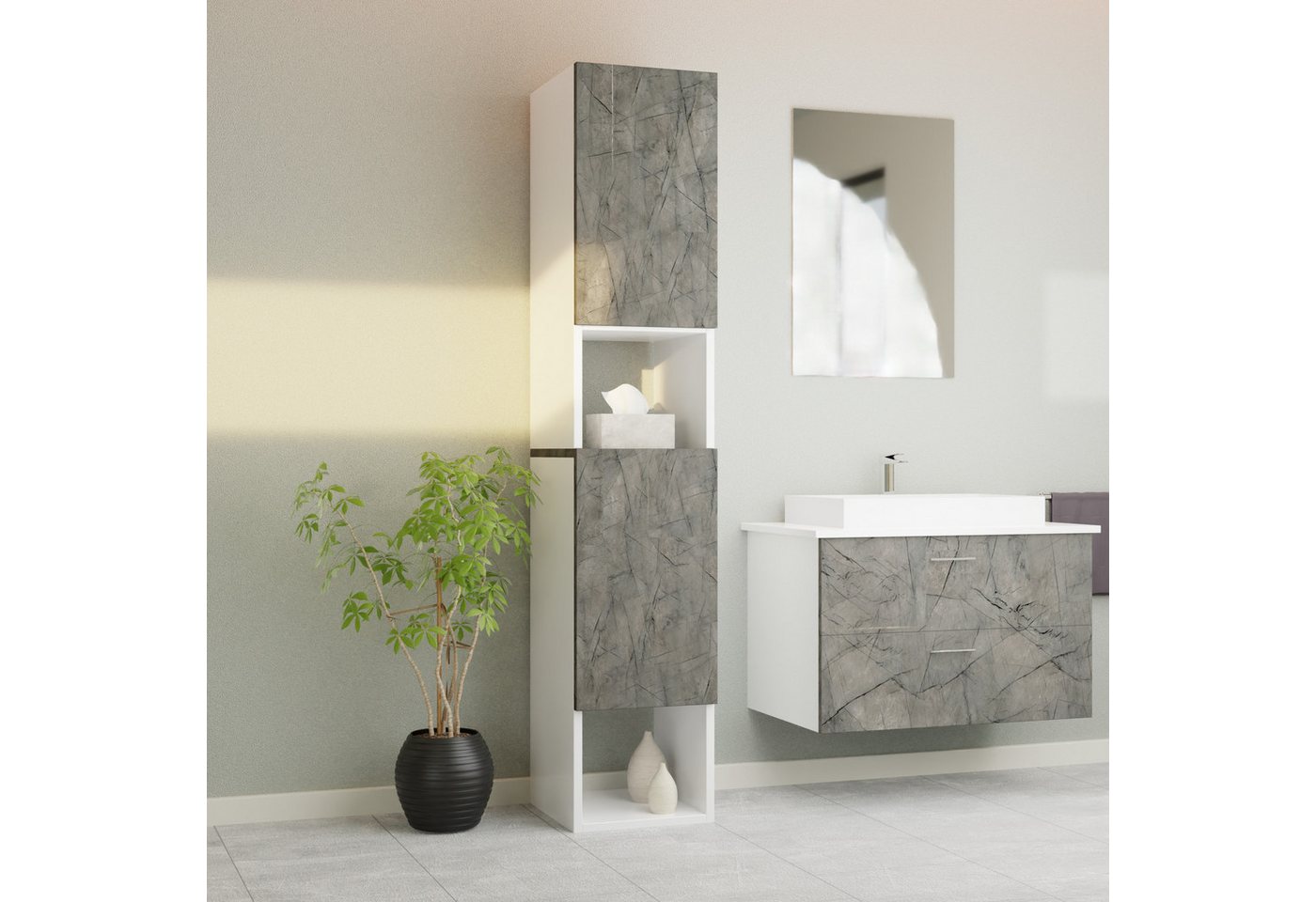 GARLIVO Badezimmer-Set Badezimmerschrank GLC2, hängend, stehend, Marmor, Hochschrank, Breite 31,5 cm von GARLIVO