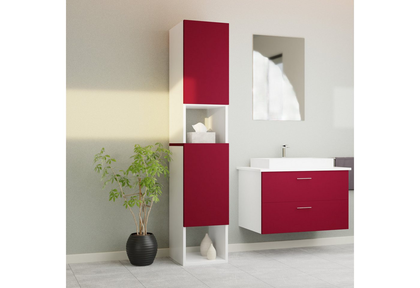 GARLIVO Badezimmer-Set Badezimmerschrank GLC2, hängend, stehend, Rot, Hochschrank, Breite 31,5 cm von GARLIVO