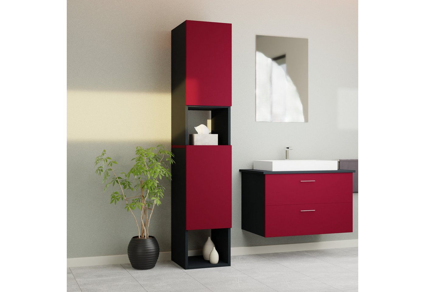 GARLIVO Badezimmer-Set Badezimmerschrank GLC2, hängend, stehend, Rot, Hochschrank, Breite 31,5 cm von GARLIVO