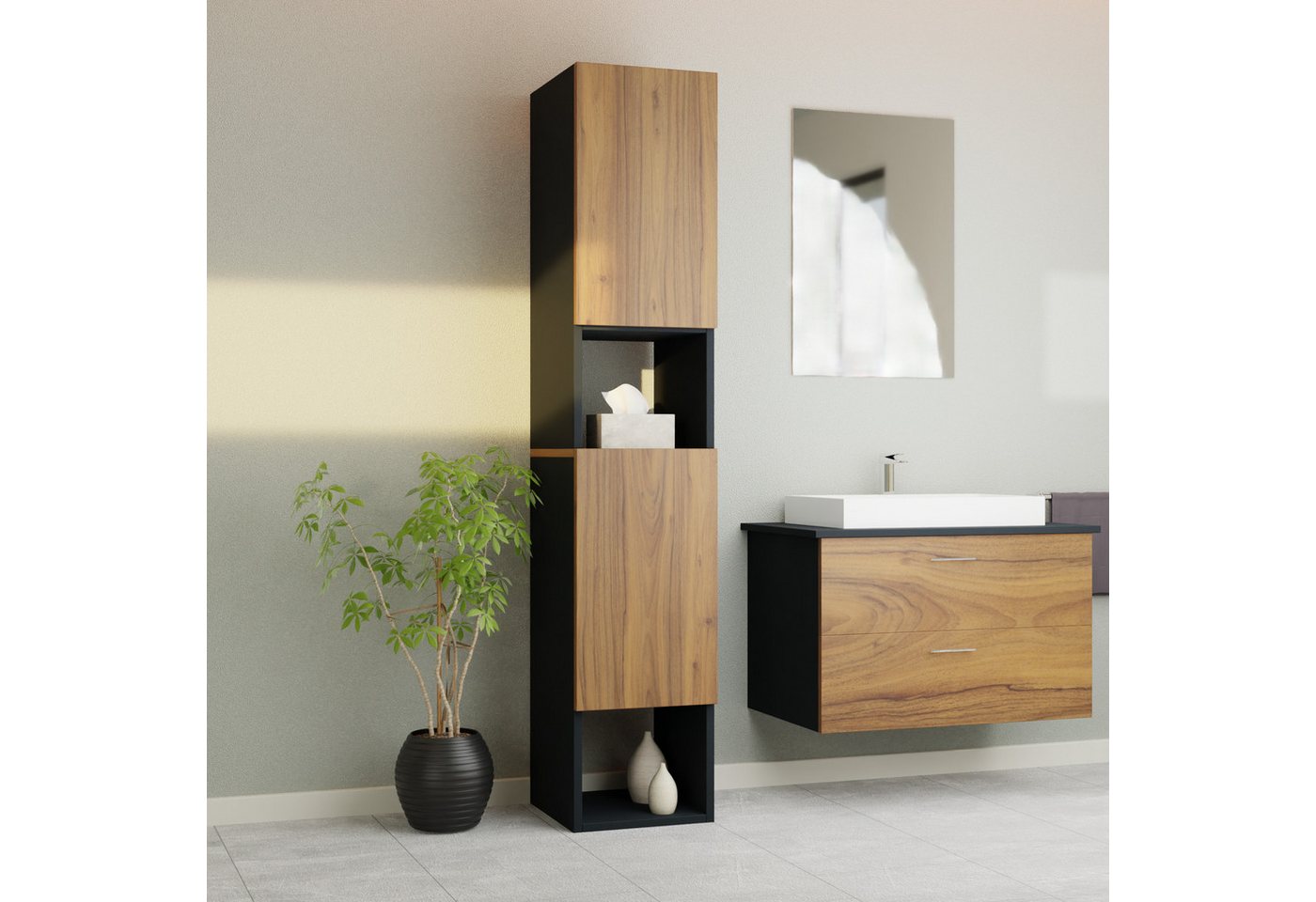 GARLIVO Badezimmer-Set Badezimmerschrank GLC2, hängend, stehend, Wallnuss, Hochschrank, Breite 31,5 cm von GARLIVO