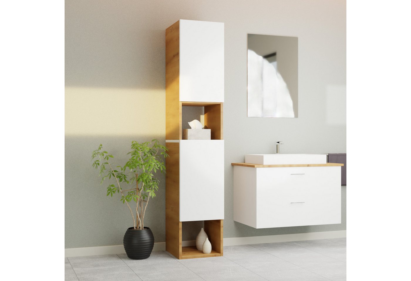 GARLIVO Badezimmer-Set Badezimmerschrank GLC2, hängend, stehend, Weiß, Hochschrank, Breite 31,5 cm von GARLIVO