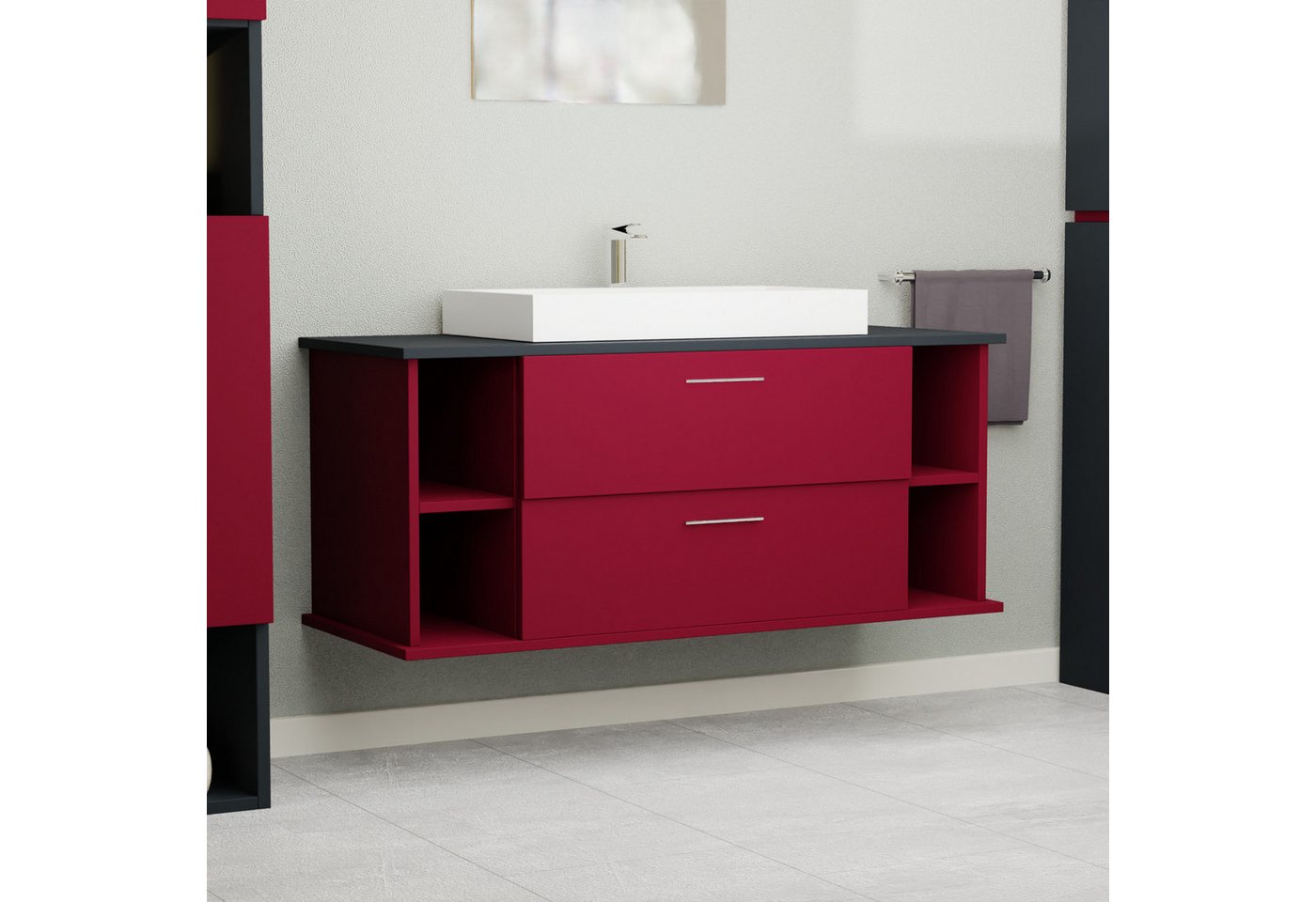 GARLIVO Waschbeckenunterschrank GLA-120 mit Schubladen, Badezimmer Waschtischunterschrank, Rot Breite 120 cm, Soft-Close, Push-to-Open/ Tip-On, Hängend von GARLIVO