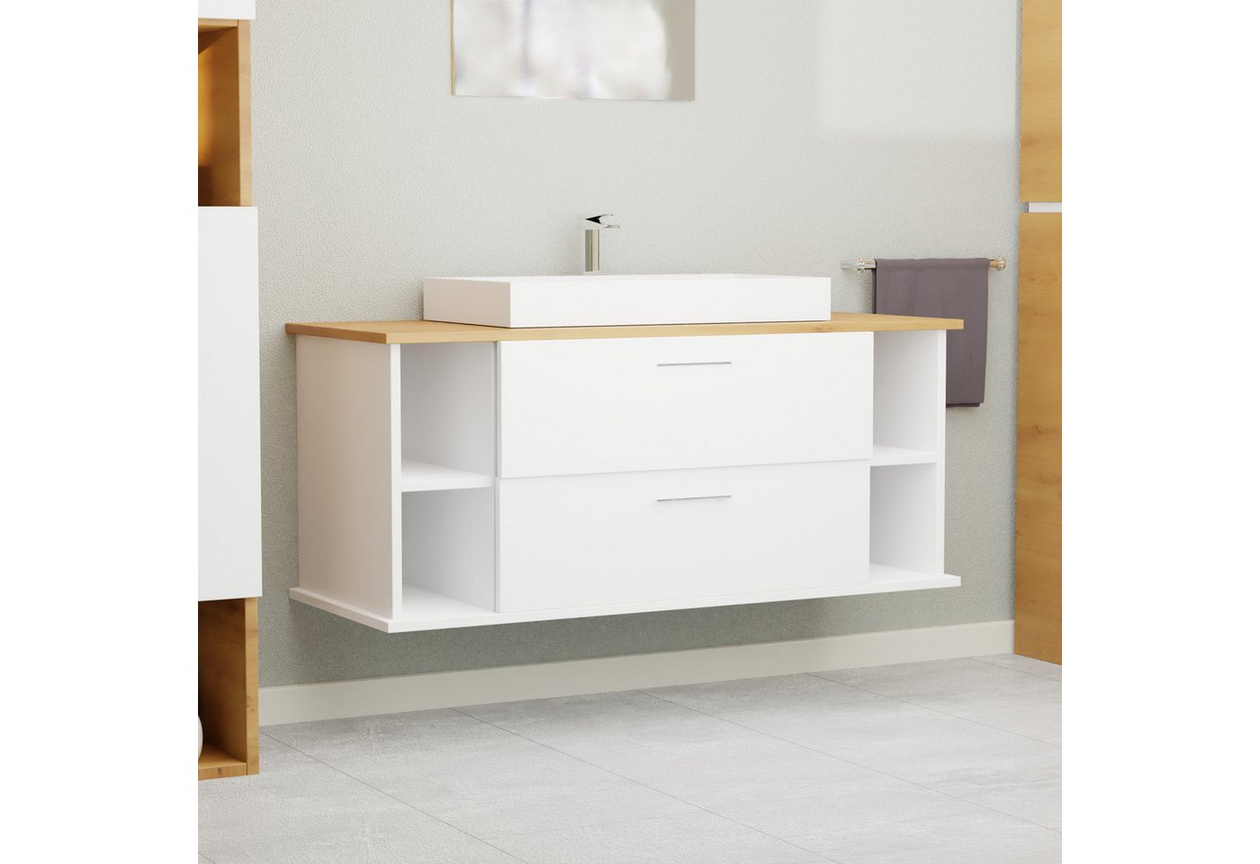 GARLIVO Waschbeckenunterschrank GLA-120 mit Schubladen, Badezimmer Waschtischunterschrank, Weiß Breite 120 cm, Soft-Close, Push-to-Open/ Tip-On, Hängend von GARLIVO