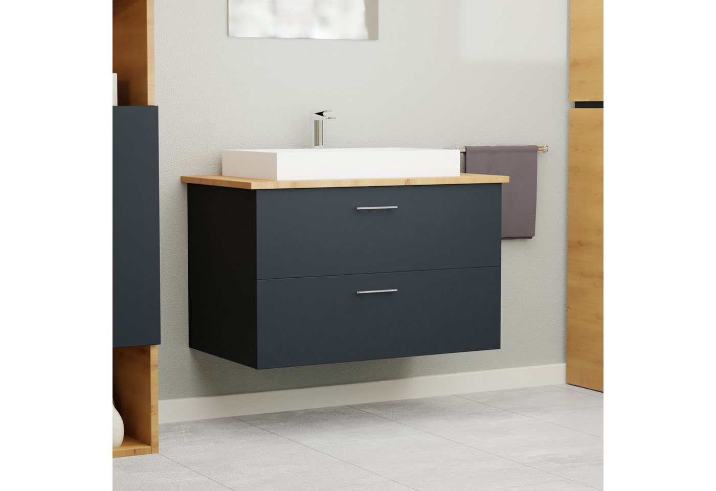 GARLIVO Waschbeckenunterschrank GLA-80 mit Schubladen, Badezimmer Waschtischunterschrank, Schwarz Breite 84 cm, Soft-Close, Push-to-Open/ Tip-On, Hängend von GARLIVO