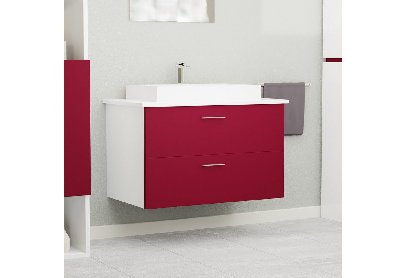 GARLIVO Waschbeckenunterschrank GLA-80 mit Schubladen, Badezimmer Waschtischunterschrank, Rot Breite 84 cm, Soft-Close, Push-to-Open/ Tip-On, Hängend von GARLIVO