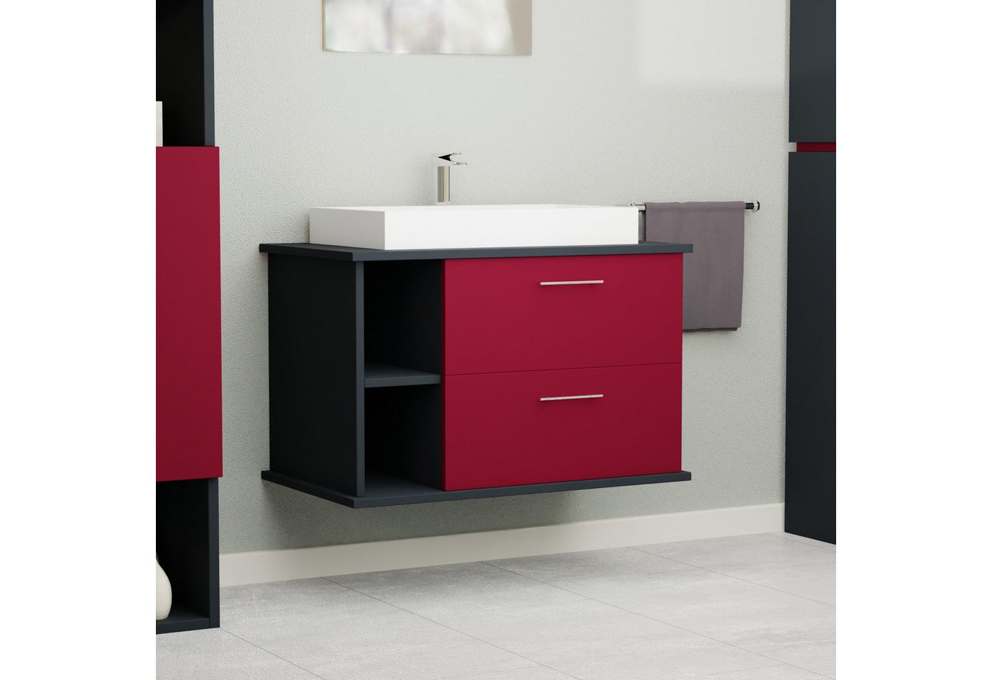 GARLIVO Waschbeckenunterschrank GLA-80L mit Schubladen, Badezimmer Waschtischunterschrank, Rot Breite 80 cm, Soft-Close, Push-to-Open/ Tip-On, Hängend von GARLIVO