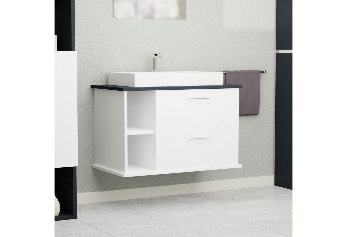 GARLIVO Waschbeckenunterschrank GLA-80L mit Schubladen, Badezimmer Waschtischunterschrank, Weiß Breite 80 cm, Soft-Close, Push-to-Open/ Tip-On, Hängend von GARLIVO