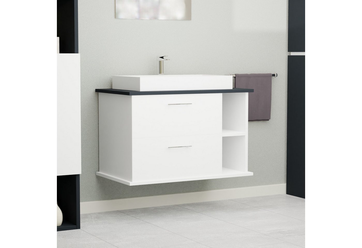 GARLIVO Waschbeckenunterschrank GLA-80R mit Schubladen, Badezimmer Waschtischunterschrank, Weiß Breite 80 cm, Soft-Close, Push-to-Open/ Tip-On, Hängend von GARLIVO