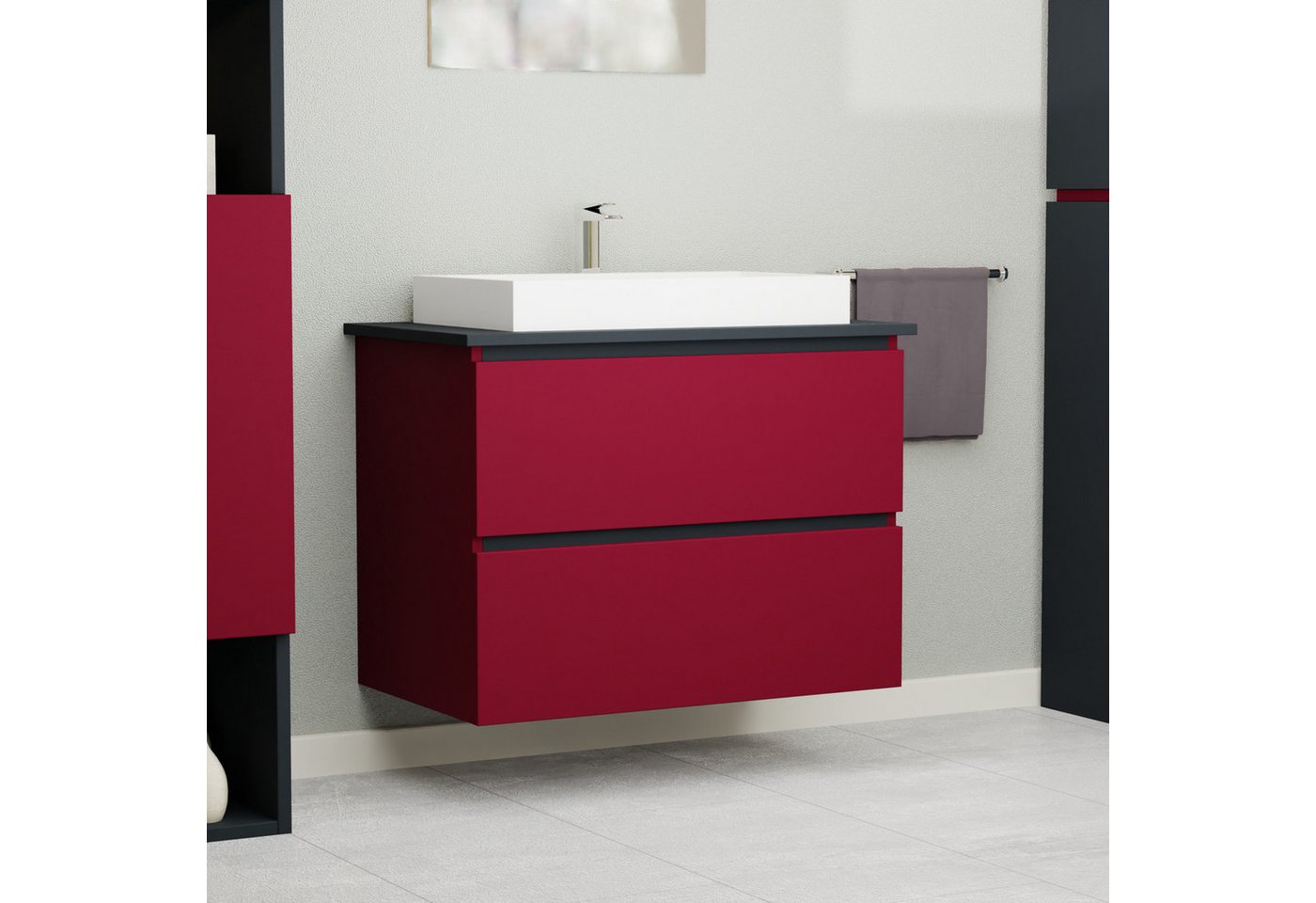 GARLIVO Waschbeckenunterschrank GLB-80 mit Schubladen, Badezimmer Waschtischunterschrank, Rot Breite 80cm, Soft-Close, Push-to-Open/ Tip-On, Hängend von GARLIVO