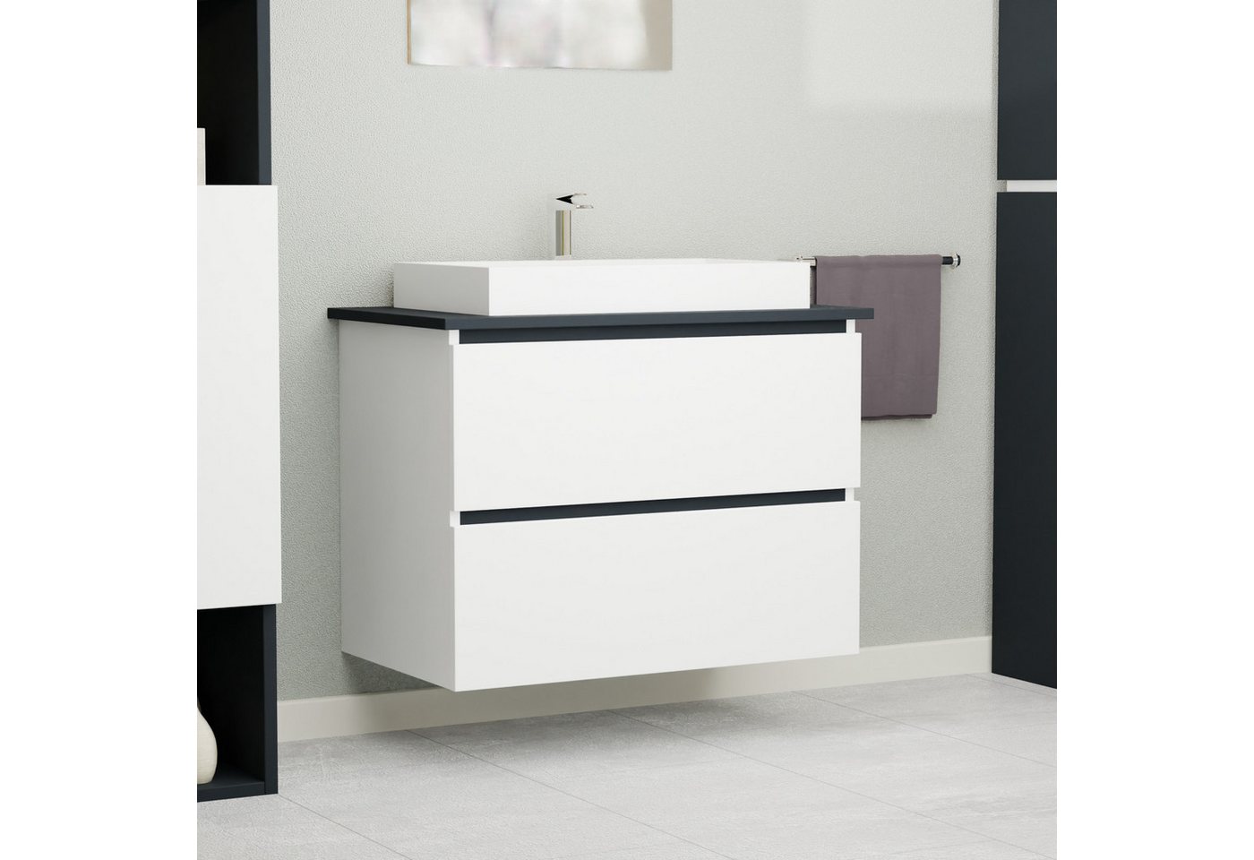GARLIVO Waschbeckenunterschrank GLB-80 mit Schubladen, Badezimmer Waschtischunterschrank, Weiß Breite 80cm, Soft-Close, Push-to-Open/ Tip-On, Hängend von GARLIVO