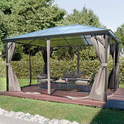 GARMIO® Pavillon 3x4m Garten Überdachung mit Polycarbonat - Dach & Moskitonetz, Seitenteile wasserdicht in anthrazit, mit Metallgestell & Aluminiumrahmen, für Outdoor von GARMIO