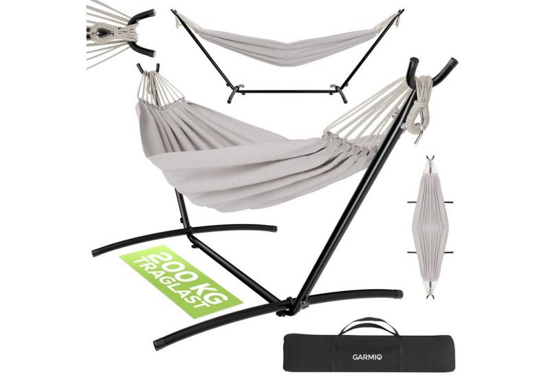 GARMIO Hängematte mit Gestell, 200kg Belastbarkeit, 270x110x105cm (inkl. Zubehör & Tragetasche, mit Kordeln, in Beige, mit Stahlgestell, klappbar), Pflegeleicht, 270 x 110 x 105cm von GARMIO