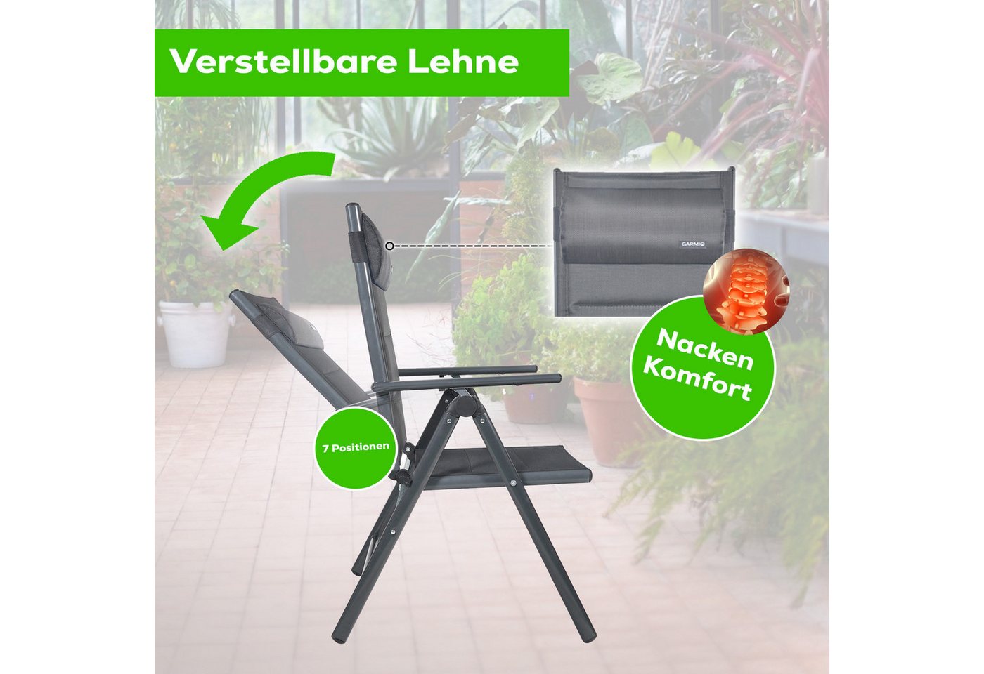 GARMIO Klappstuhl Gartenstuhl FLORENZ, robustes Aluminiumgestell für Garten (inkl. Nackenkissen, schwarz, für Camping geeignet), 7-fach verstellbar, klappbar, inkl. Nackenkissen, für Terrasse von GARMIO