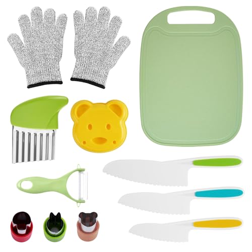 GAROMIA Küchenzubehör Kinder 12 Stück Küchenmesser Set mit Kinderhandschuhe Obst Gemüse Ausstechformen Kinder Messerset Schneiden Lernen kindermesser ab 2 Jahre zum Schneiden Kochen von Obst von GAROMIA