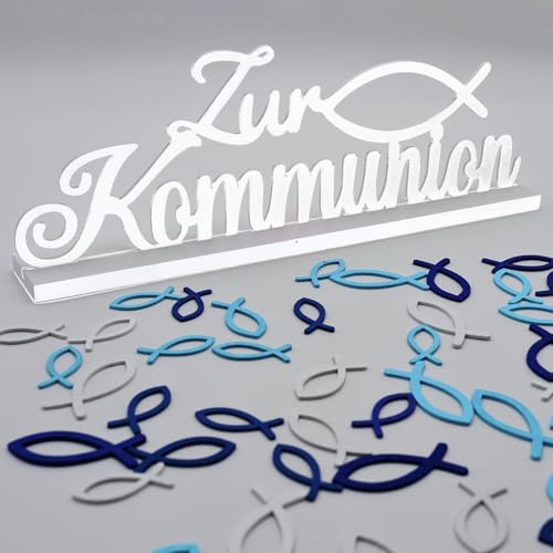 Deko Kommunion junge Schriftzug Tischdeko Holz Fische Deko Schriftzug Tischdeko Kommunion Weiß Holz Fische Deko Alles Gute zur Konfirmation Dekoration Taufe Streudeko Holzfische Streudeko (B-blau) von GAROMIA