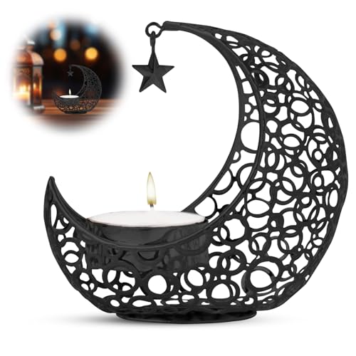 GAROMIA Ramadan Tischdeko Teelichthalter Moon Ramadan Deko Kerzenständer Mondform Windlicht Laterne Tischdeko Teelichthalter Metall für Ramadan Hochzeit Wohnzimmer Tischdeko Modern Deko von GAROMIA