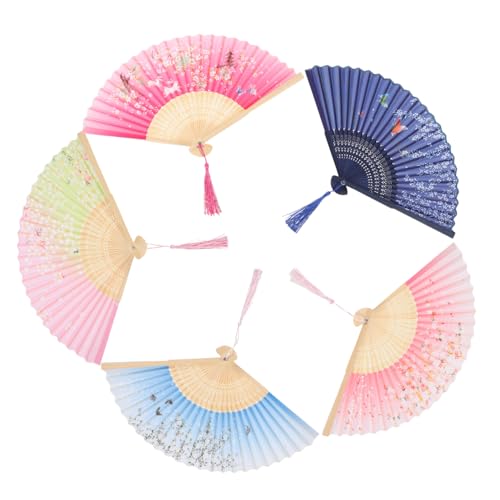 GAROZATION 5 Stück Antike Faltbare Handfächer aus Seidenstoff Chinesischer Retro-Stil Robustes Design Bunte Blütenmuster für Tanzparty-Dekoration und Traditionelle Fächerkunst von GAROZATION