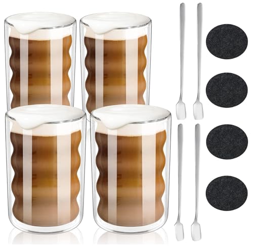 GARPROVM Latte Macchiato Gläser, 450ml Kaffeegläser Doppelwandig 4er Set, Spiralförmig Thermoglas Espressotassen Kaffeebecher Trinkgläser Capuccino-Tassen Eisbecher, 4 Löffel + 4 Untersetzer von GARPROVM