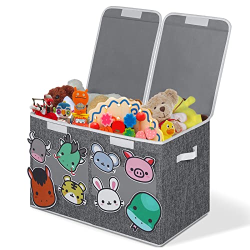 GARPROVM Spielzeugkiste mit Deckel ＆ 12 STK Tierzeichen Filz Aufkleber, 90L Aufbewahrungsbox mit Deckel Kinder, Leinen Faltbar Aufbewahrungskiste Ordnungsbox mit geteiltem Deckel 62x34x40cm von GARPROVM