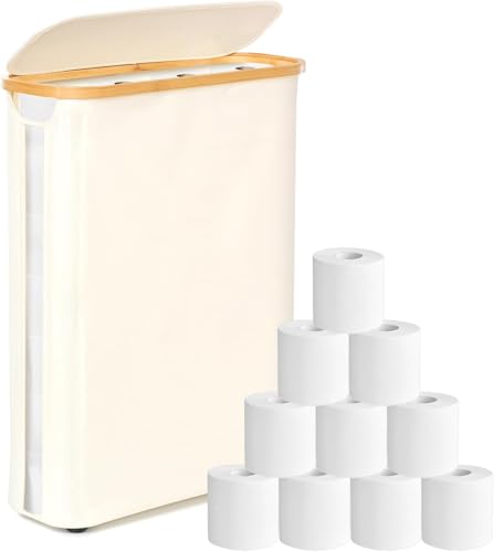 GARPROVM Extra Groß Toilettenpapier Aufbewahrung, Klopapier Behälter für 18-24 Rollen, Schmal Freistehend Toilettenrollen Aufbewahrungskorb mit Deckel Sichtfenster Badezimmer Organizer (Beige, 52L) von GARPROVM