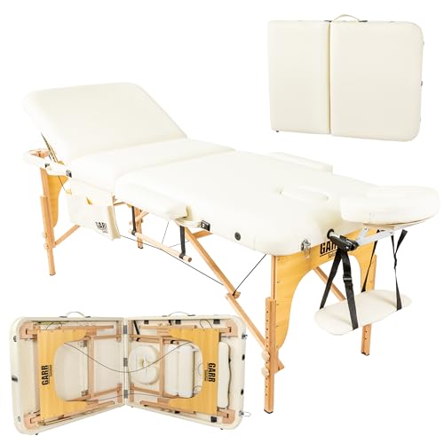 GARR Solution Professionelle Massageliege klappbar aus Holz 3 Zonen, Tragbar und leicht - 185x70 H62/87 cm (Creme) von GARR Solution