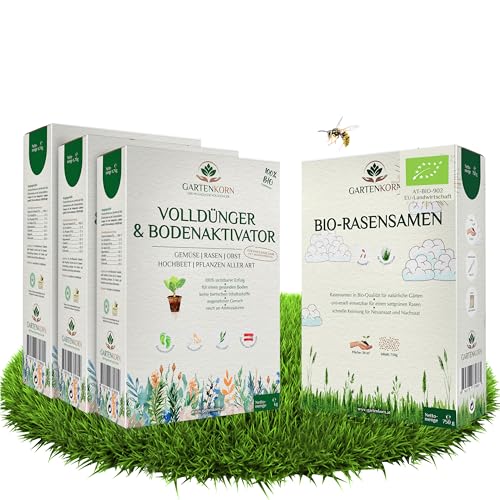 Gartenkorn Bio Rasen Set mit Dünger & Rasensamen für 30m² - Grassamen mit Langzeit Volldünger & Bodenaktivator für Lücken & Rasen Nachsaat, organisch & vegan, unbedenklich für Kinder und Haustiere von GARTENKORN