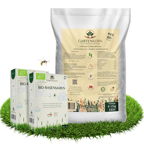 Gartenkorn Bio Rasen Set mit Dünger & Rasensamen für 60m² - Grassamen mit Langzeit Volldünger & Bodenaktivator für Lücken & Rasen Nachsaat, organisch & vegan, unbedenklich für Kinder und Haustiere von GARTENKORN