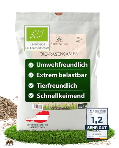 Gartenkorn Bio-Rasensamen schnellkeimend, Grassamen für Lücken & Rasen Nachsaat, Rasensaat trockenresistent und dürreresistent für Frühling & Herbst, Saatgut Turbo Schnellrasen (5kg für 200m²) von GARTENKORN