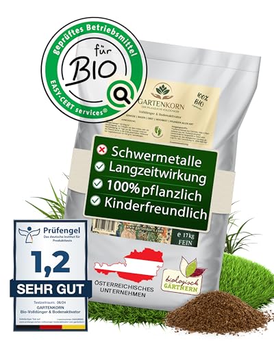 Gartenkorn Rasen Volldünger & Bodenaktivator, Langzeit Rasendünger für Frühjahr, Sommer & Herbst, organischer Dünger mit Stickstoff, Phosphor & Kalium, Bio-Langzeitdünger Streuwagen (17kg für 130m²) von GARTENKORN