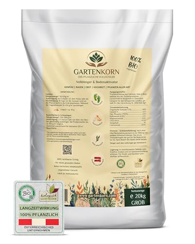 Gartenkorn Bio Bodenaktivator & Rasendünger [20 kg/150-200 m²] – Bodenaktivator für Pflanzen & Gemüse, Bodenverbesserer Garten, Organischer Rasendünger Frühjahr, verdrängt Moos, Streuwagen geeignet von GARTENKORN