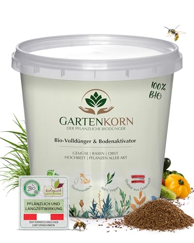 Gartenkorn Bio Bodenaktivator & Rasendünger [5kg/ 33-50 m²] Bodenaktivator für Pflanzen & Gemüse, Bodenverbesserer Garten, Organischer Rasendünger Frühjahr, Streuwagen geeignet (Eimer) von GARTENKORN
